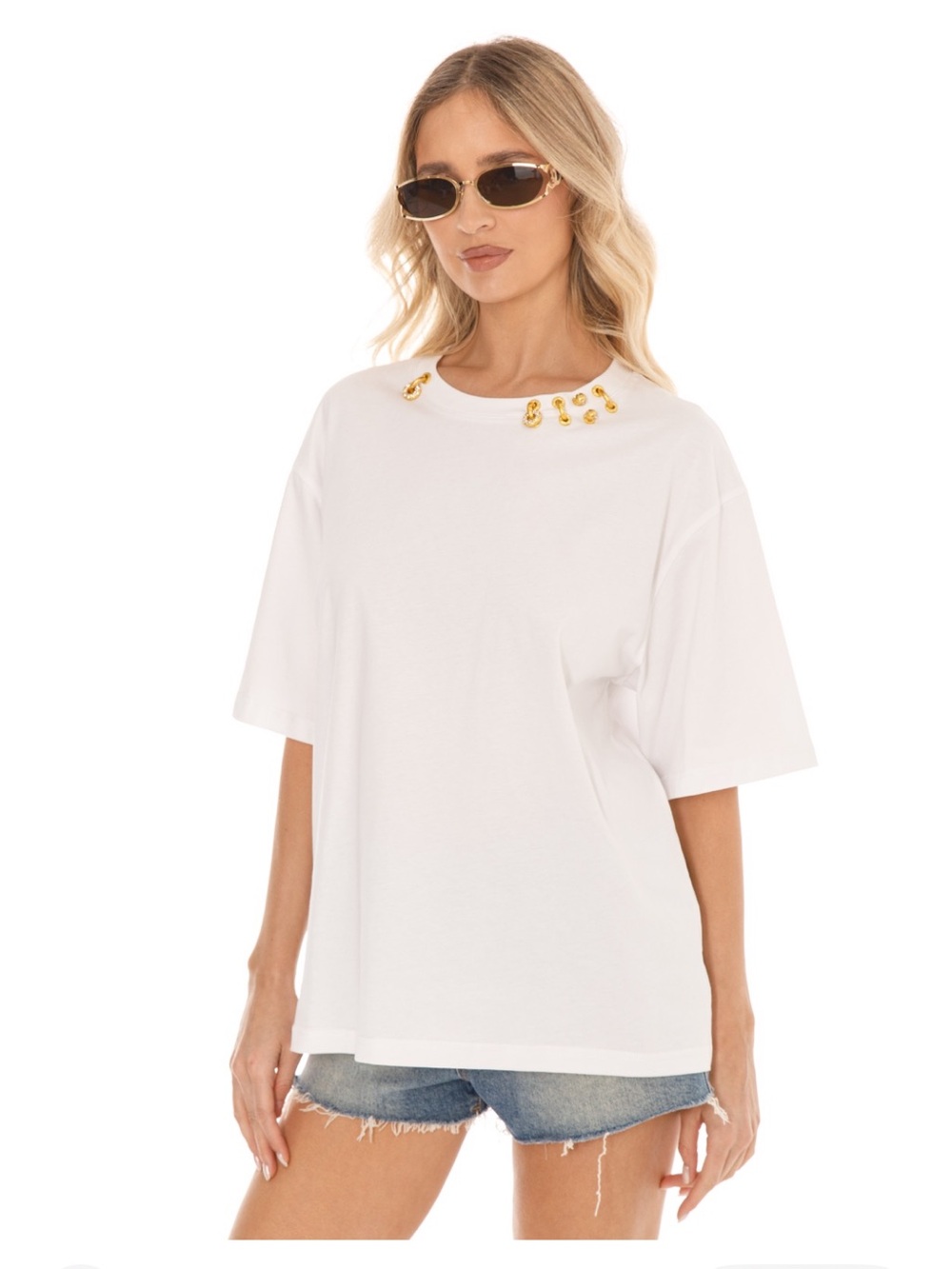Chic Oversized Tee with Gold Embellished Neckline
